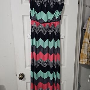 Chevron Maxi Dress in Navy Blue, Mint, and Coral